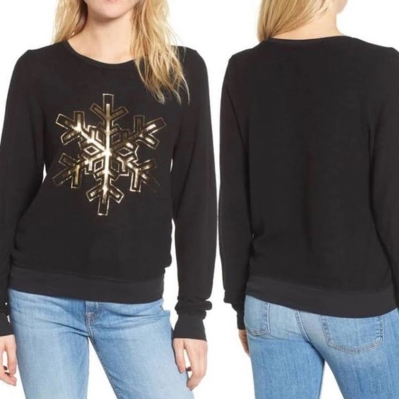 DREAM SCENE x WILDFOX Women's Back/Gold Foil Snowflake Fleece Pullover sz M NWT - Picture 1 of 9